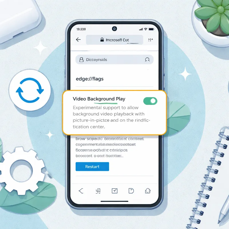 Illustration of Edge flags page with Video Background Play enabled in Microsoft Edge Canary
