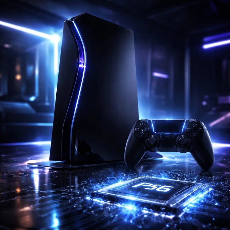 Concept image of a next-gen PlayStation-style console with dramatic ray-traced lighting effects