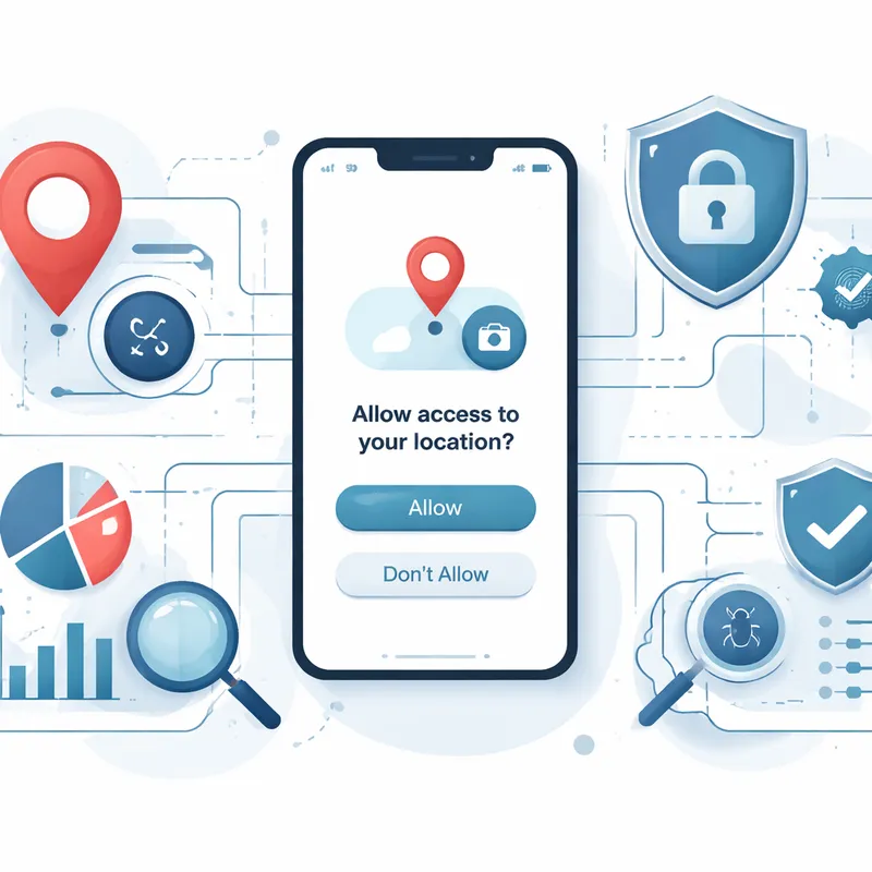 Concept image showing app permissions, location data, camera data, and downstream data-sharing concerns.