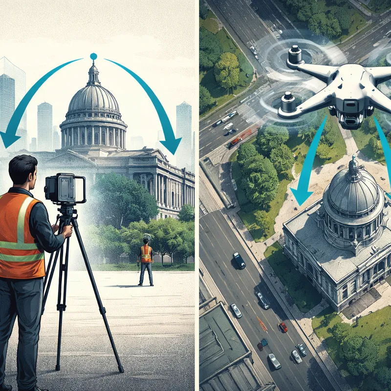 Comparison between a ground-level PokéStop scan and an aerial drone perspective.