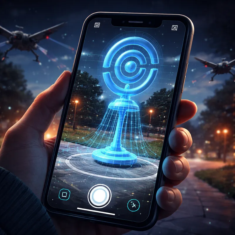 Smartphone scanning a real-world landmark with a 3D mesh overlay to represent Pokémon Go environmental scans.