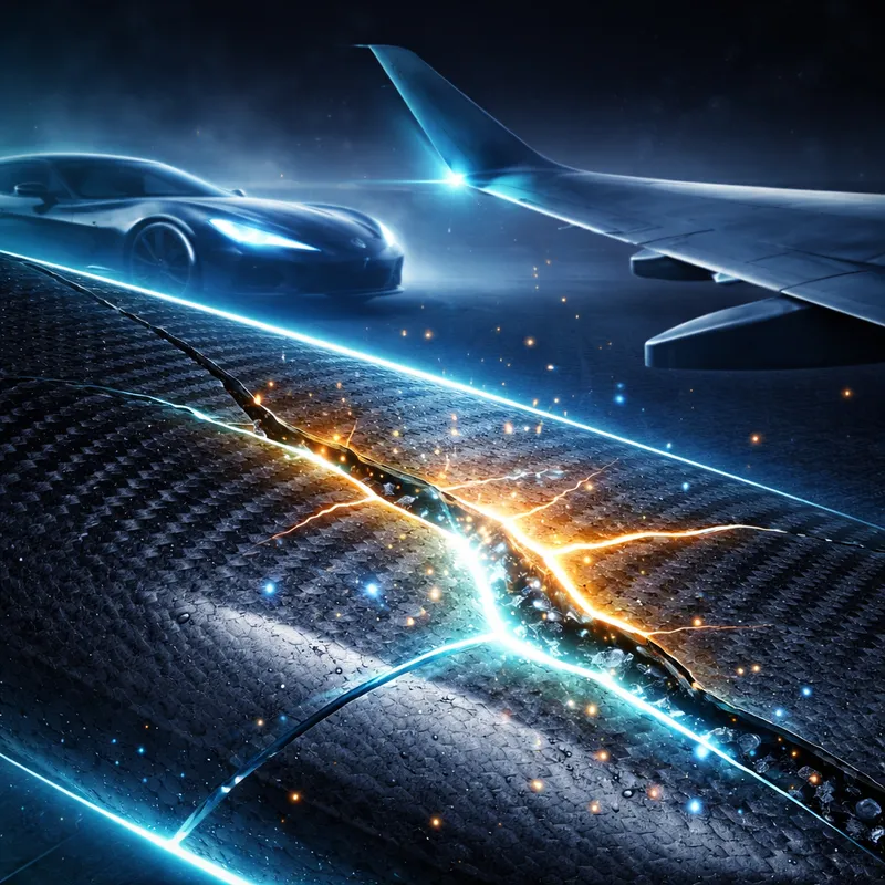 Self-healing composite panel repairing a crack with car and airplane silhouettes behind it