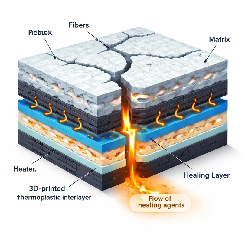 Diagram of a self-healing FRP composite showing heater layers and thermoplastic healing agent filling cracks