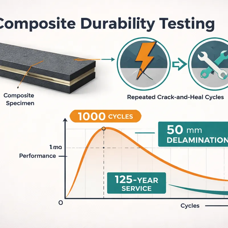 Infographic showing repeated crack-and-heal cycles and projected century-scale service life for self-healing composites
