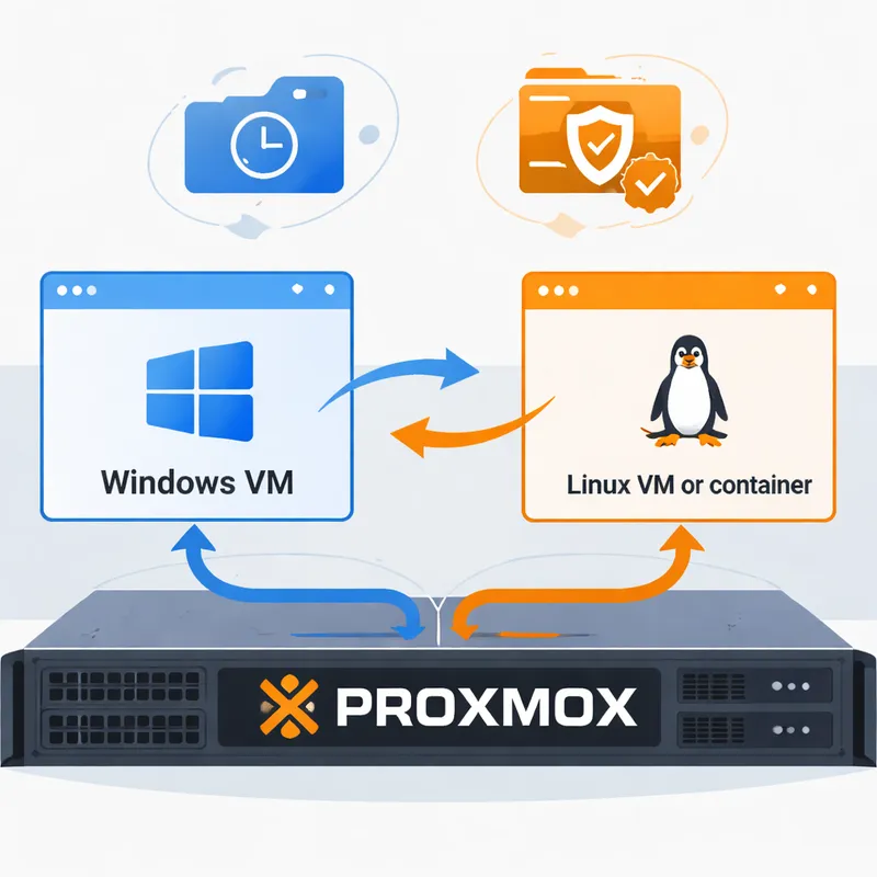 Diagram showing Proxmox hosting Windows and Linux together with snapshots and backups