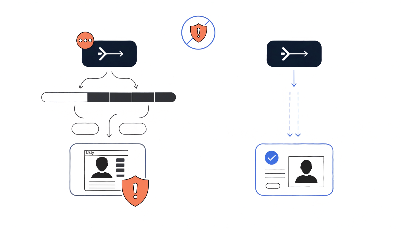 Diagram illustrating a suspicious link redirect path and the safer option of opening an official website directly