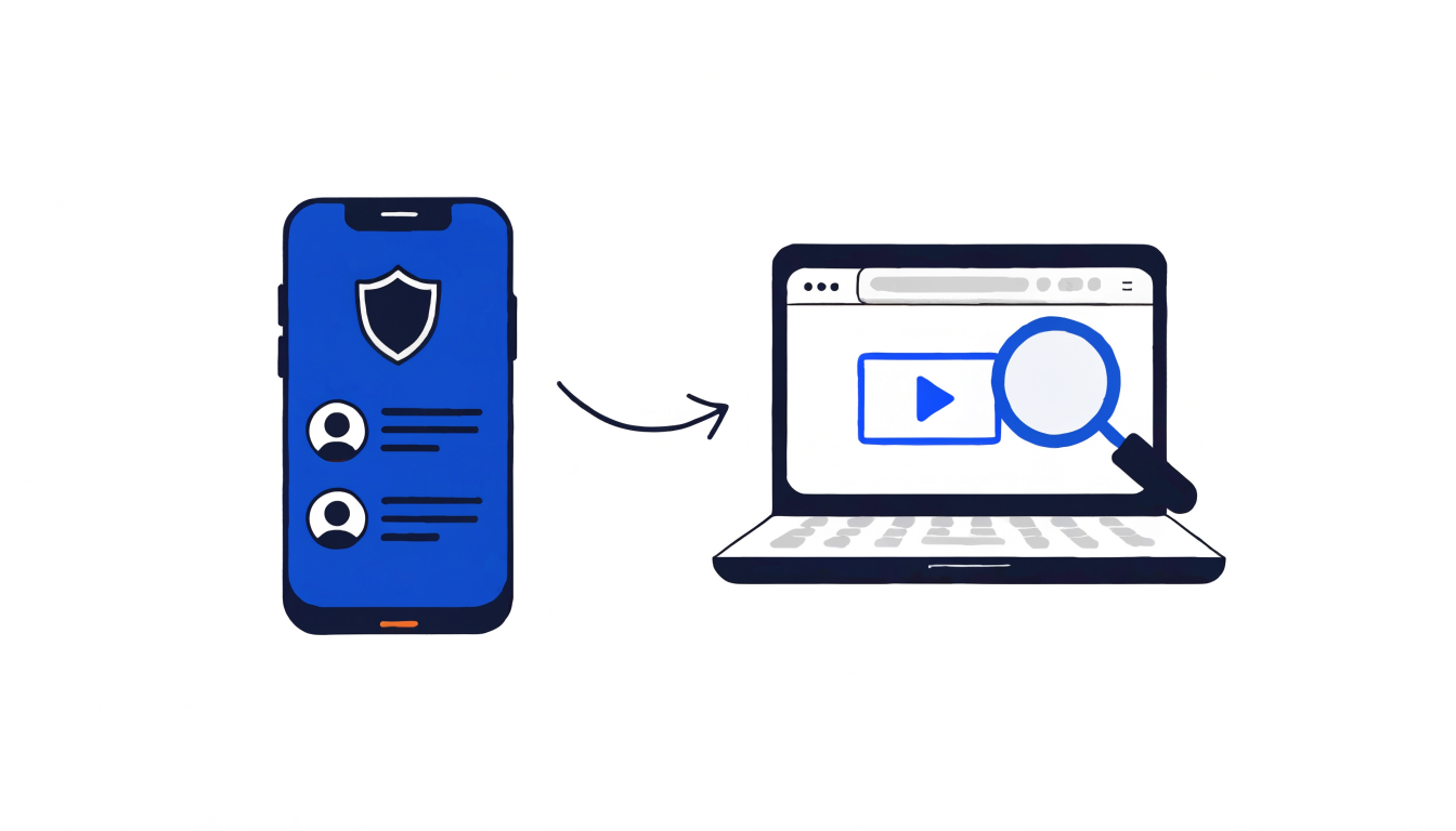 Illustration showing a shift from Truecaller caller-ID protection on a phone to suspicious-link checking in a browser
