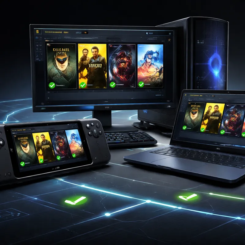 Future-focused image comparing Proton gaming across SteamOS, Linux PCs, and Arm devices
