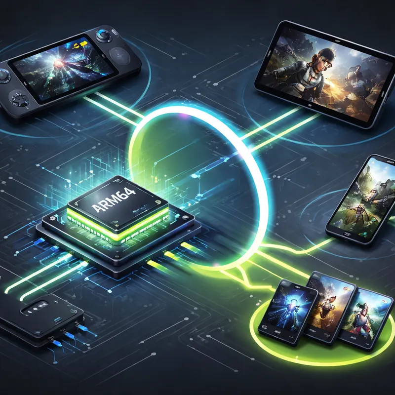 Concept art of Proton 11 ARM64 support for Android phones, tablets, and handhelds