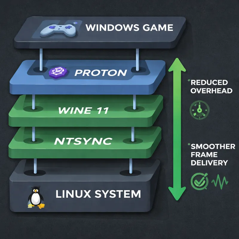 Diagram showing how Proton 11 beta uses Wine 11 and NTSync on Linux