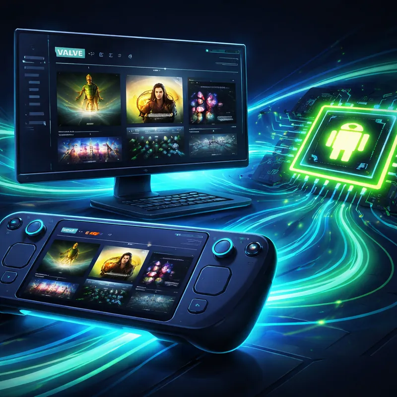 Illustration of Valve Proton connecting Linux and Android gaming devices