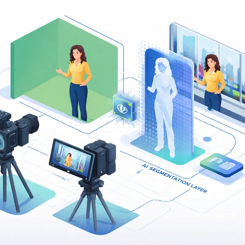 Diagram showing how AI keying separates a presenter from the background and places them into a virtual scene