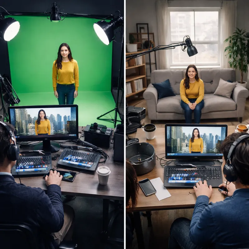 Side-by-side comparison of a traditional green screen workflow and a modern AI keyer setup