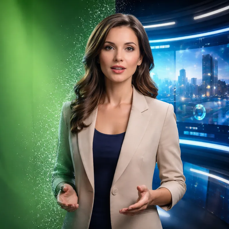 Presenter transitioning from a real set into a virtual studio using AI keying instead of a green screen