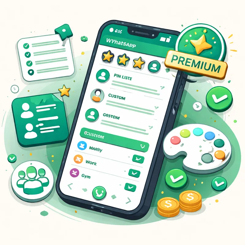Illustration of WhatsApp Plus features including pinned chats, custom lists, and themes