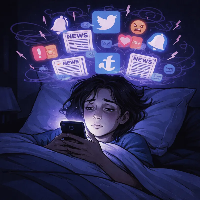 Tired person doomscrolling in bed at night with phone light on their face