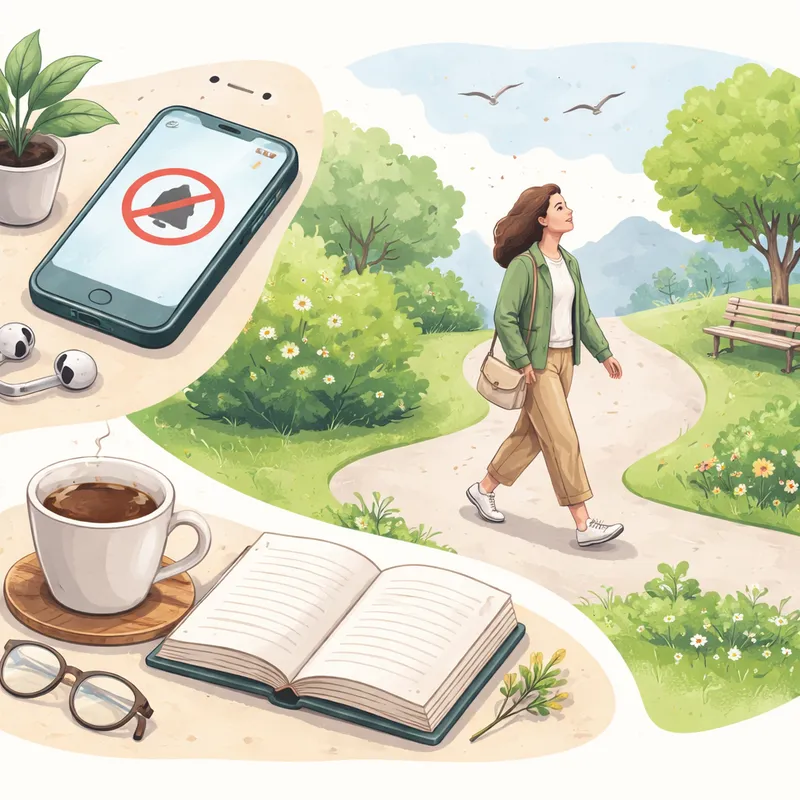 Healthy alternatives to scrolling, including walking, reading, and silenced notifications