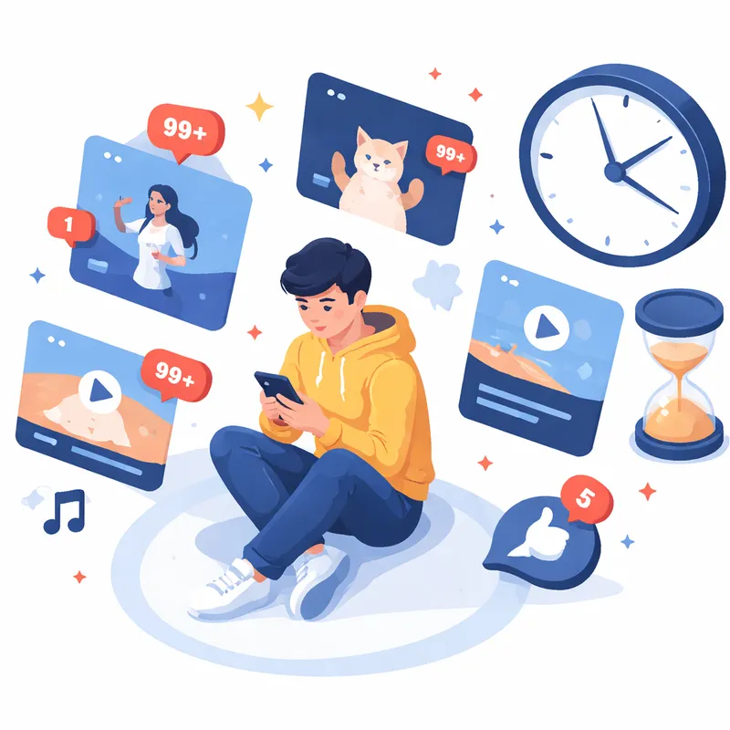 Person using a smartphone while endless content and notifications surround them